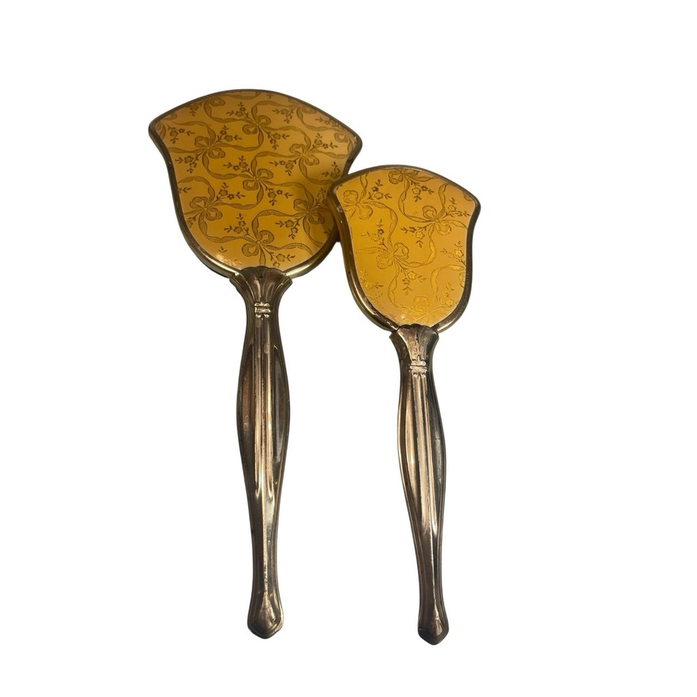 Vintage Hand Mirror Hair Brush Vanity Set Decor Gold tone‎ floral Bows Set Of 2